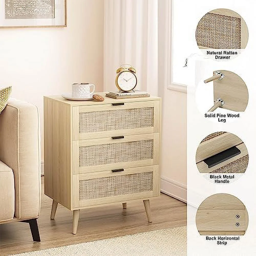 TJUNBOLIFE 3 Drawer Dresser Chests for Bedroom  3 Drawer Nightstand   Rattan Small Dresser Cabinet of 3 Drawers with Solid Wood Legs &amp