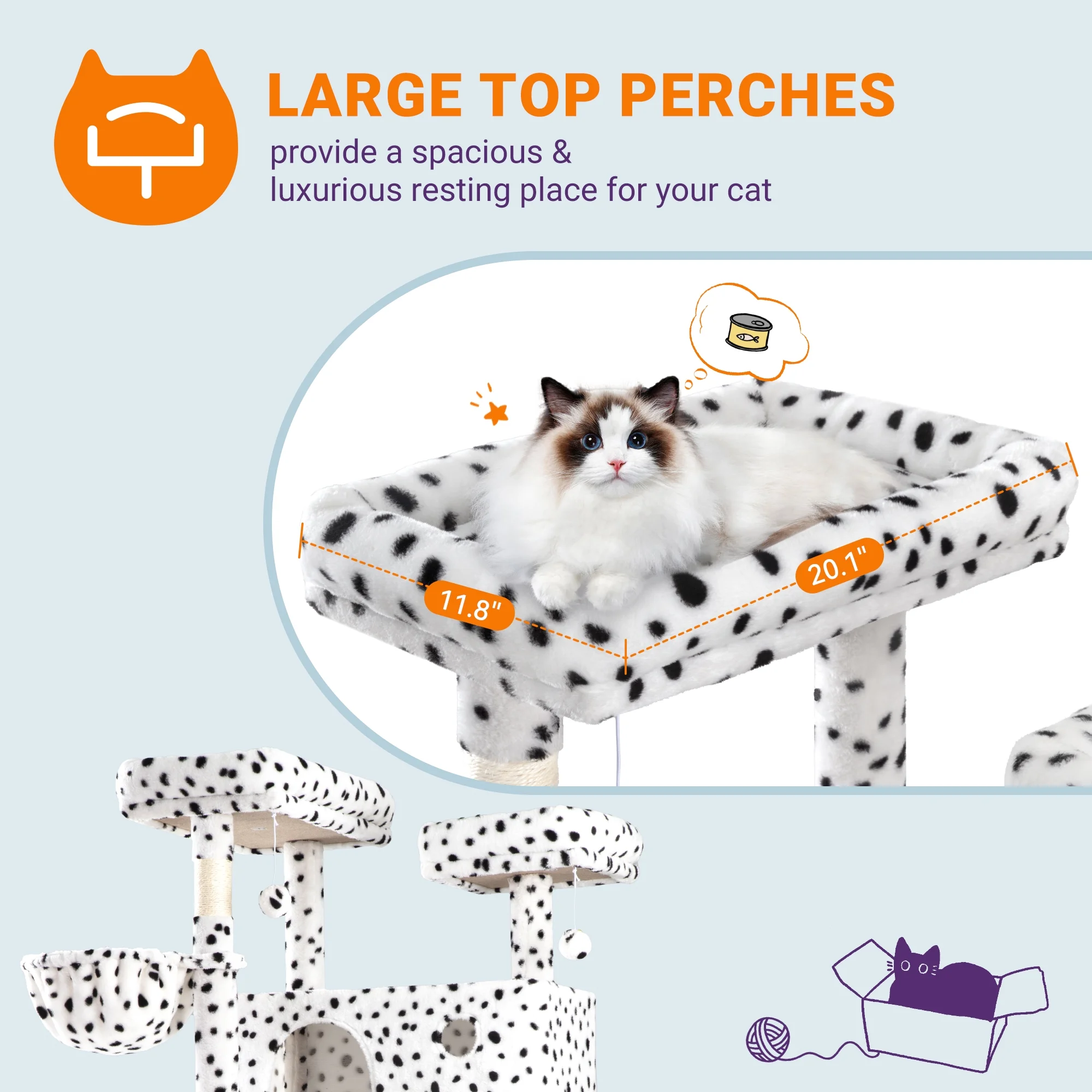 Allewie 81 Inches Multi-Level Tall Cat Tree for Large Cat, Cat Climbing Tree with Cat Condo and Hammock, Scratching Post, Wide Base, White/Black Spot