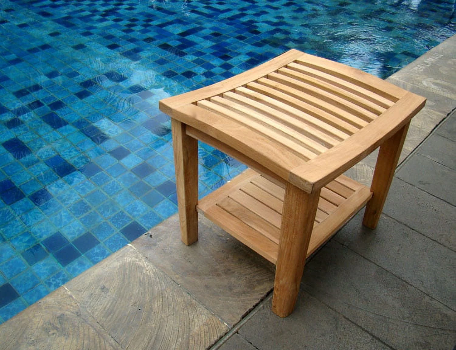 WholesaleTeak Outdoor Patio Grade-A Teak Wood Shower / Bath Room / Pool / Spa Stool Bench with Shelf #WMAXTSWS