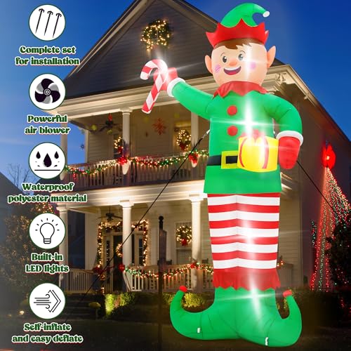 15FT Christmas Inflatables, Giant Inflatable Santa Claus Holding Gift Bags, Blow Up Christmas Santa Claus with 8pcs LED