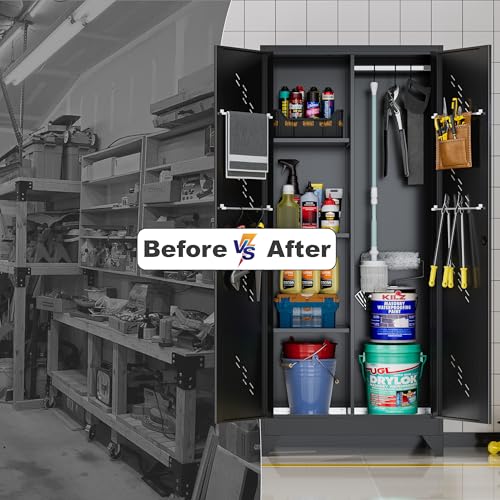 Broom Closet Storage Cabinet, 71" Metal Garage Cabinets with Lock & Hanging Rods, Utility Closet for Brooms and Mops