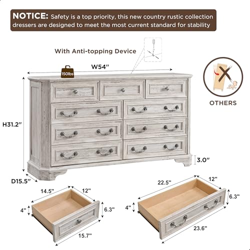 T4TREAM Farmhouse 5 Drawers Dresser for Bedroom, 48" Tall Wood Rustic Chest of Drawers with Natural Texture, Vintage Design