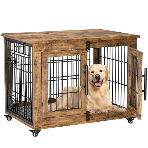 Lulive Dog Crate Furniture for Medium Dogs, 32'' Dog Kennel Indoor with Cushion & Wheels Wooden Dog Cage Double Doors Dog Crate End Table, Grey