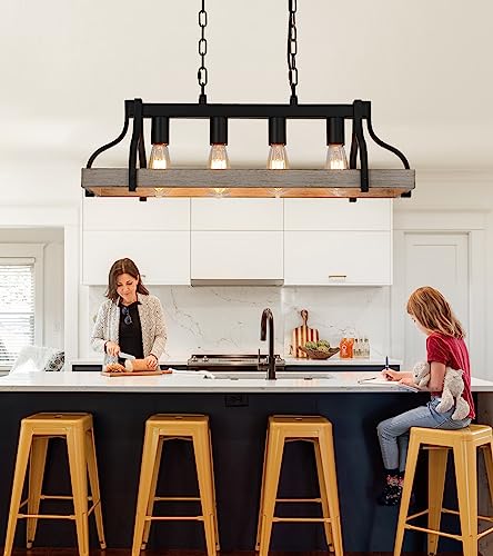 Rustic Kitchen Island Dining Room Light Fixture Farmhouse Linear Chandelier Black and Retro Wood Finish 4-Light Industrial Metal Hanging Pendant