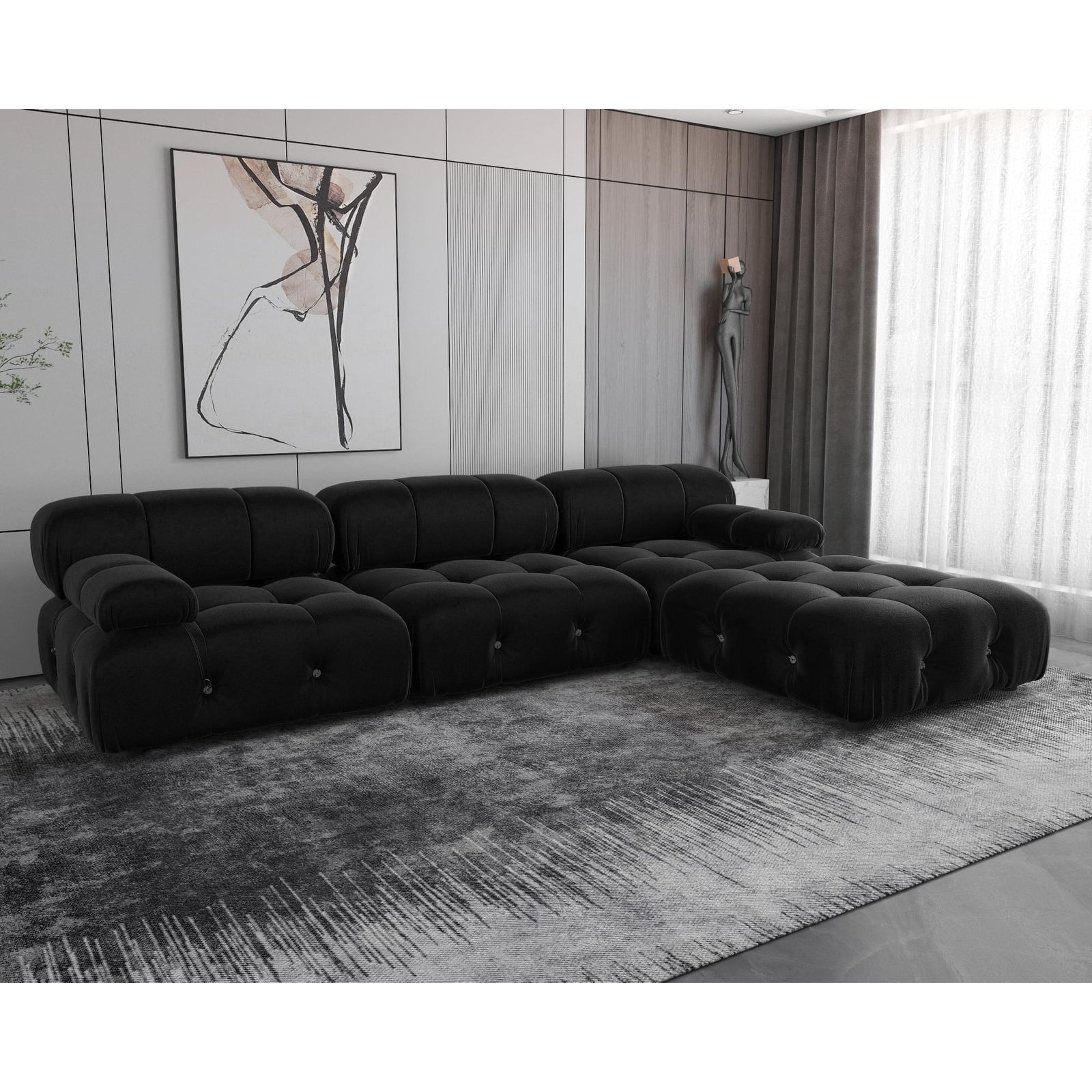 Black Modular Sectional Sofa Velvet Upholstered Sofa L-Shape