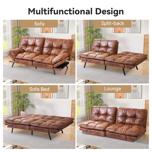 Faux Leather Futon Sofa Bed,Convertible Futon Couch,Memory Foam Loveseat Sleeper Sofa,Small Splitback Modern Folding Couch for Living Room,Office
