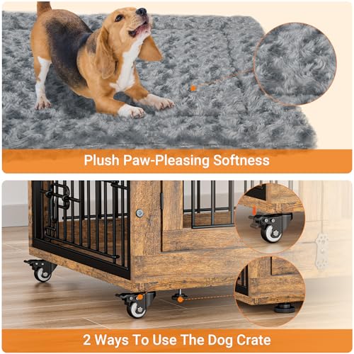 Lulive Dog Crate Furniture for Medium Dogs, 32'' Dog Kennel Indoor with Cushion & Wheels Wooden Dog Cage Double Doors Dog Crate End Table, Grey