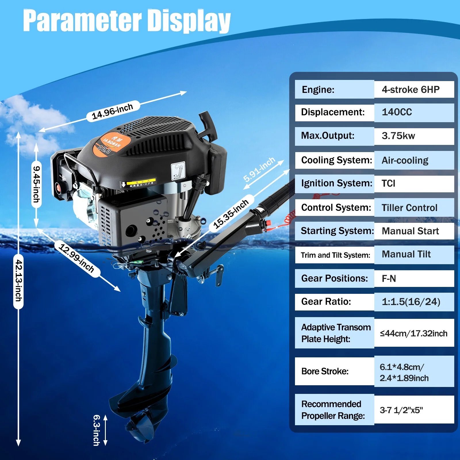 Loyalheartdy 6 HP 4 Stroke Outboard Motor 3.75KW Heavy Duty Boat Engine w/Single Cylinder Air Cooling System Tiller Control 15Km/h