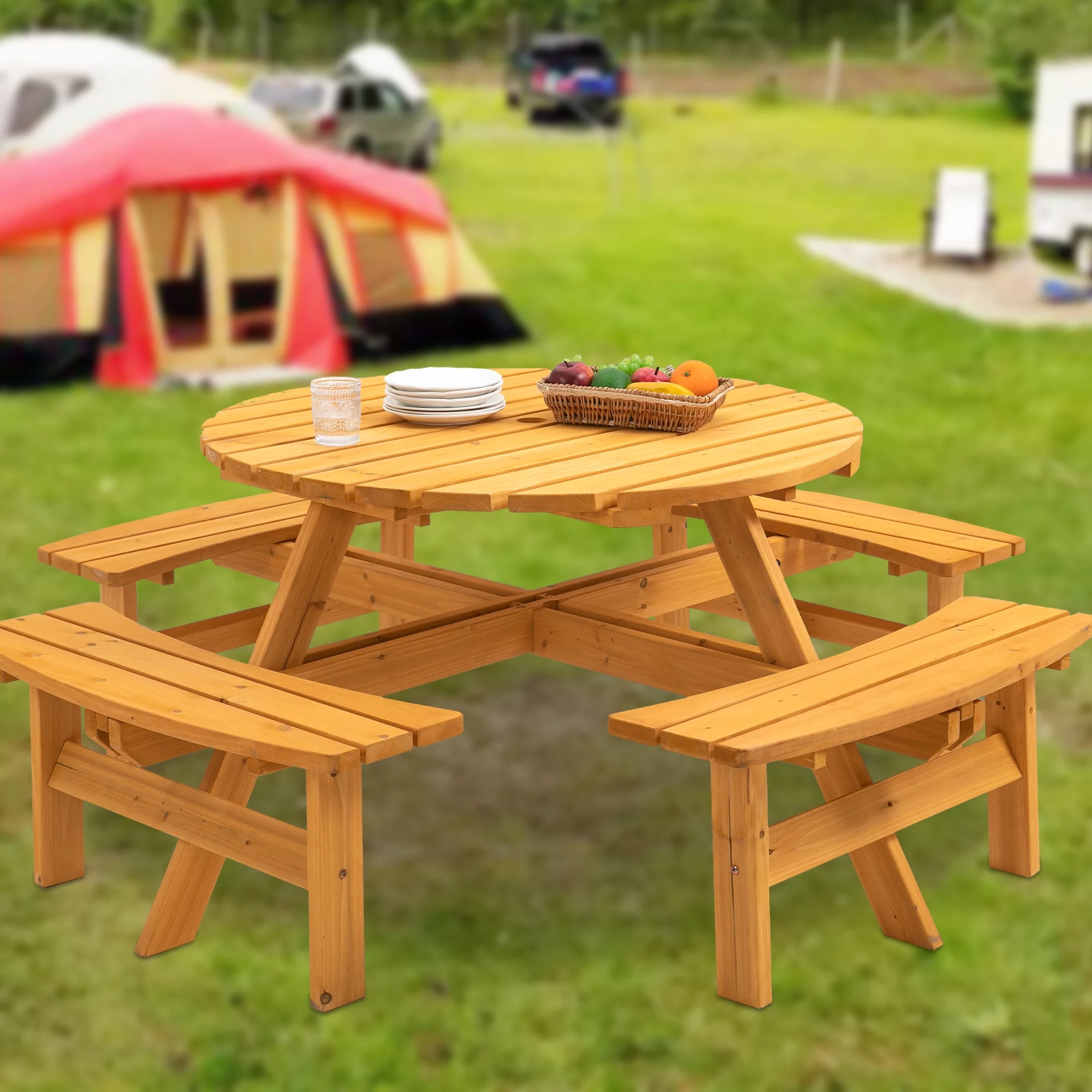 Outdoor 8-Person Circular Wooden Picnic Table w/ 4 Built-in Benches 2220lb Capacity for Garden, Patio, Backyard - Natural