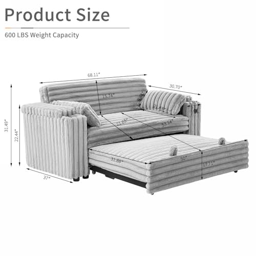 68.11" Corduroy Sleeper Chair Bed with USB Port, Cup Holders & Side Storage Pockets – 3-in-1 Foldable Sofa Bed for Guest Room, Living Room – White