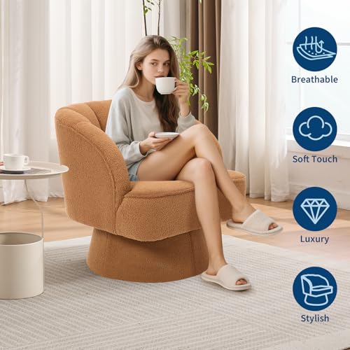 GarveeHome Modern Swivel Barrel Accent Chair, 360° Teddy Fabric Upholstered Armchair with Striped Backrest & Plush Padding
