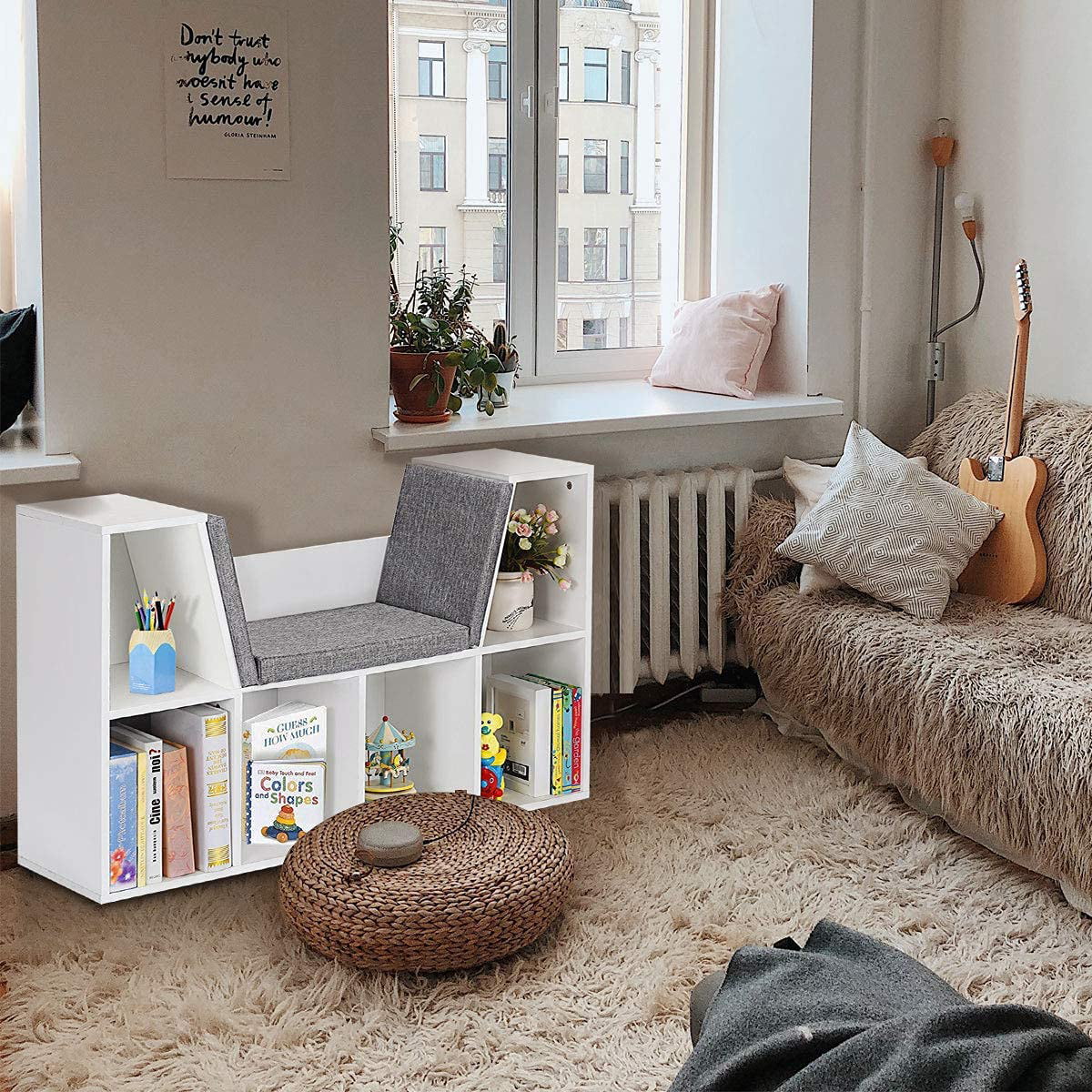 6-Cubby Kids Bookcase w/Cushioned Reading Nook
