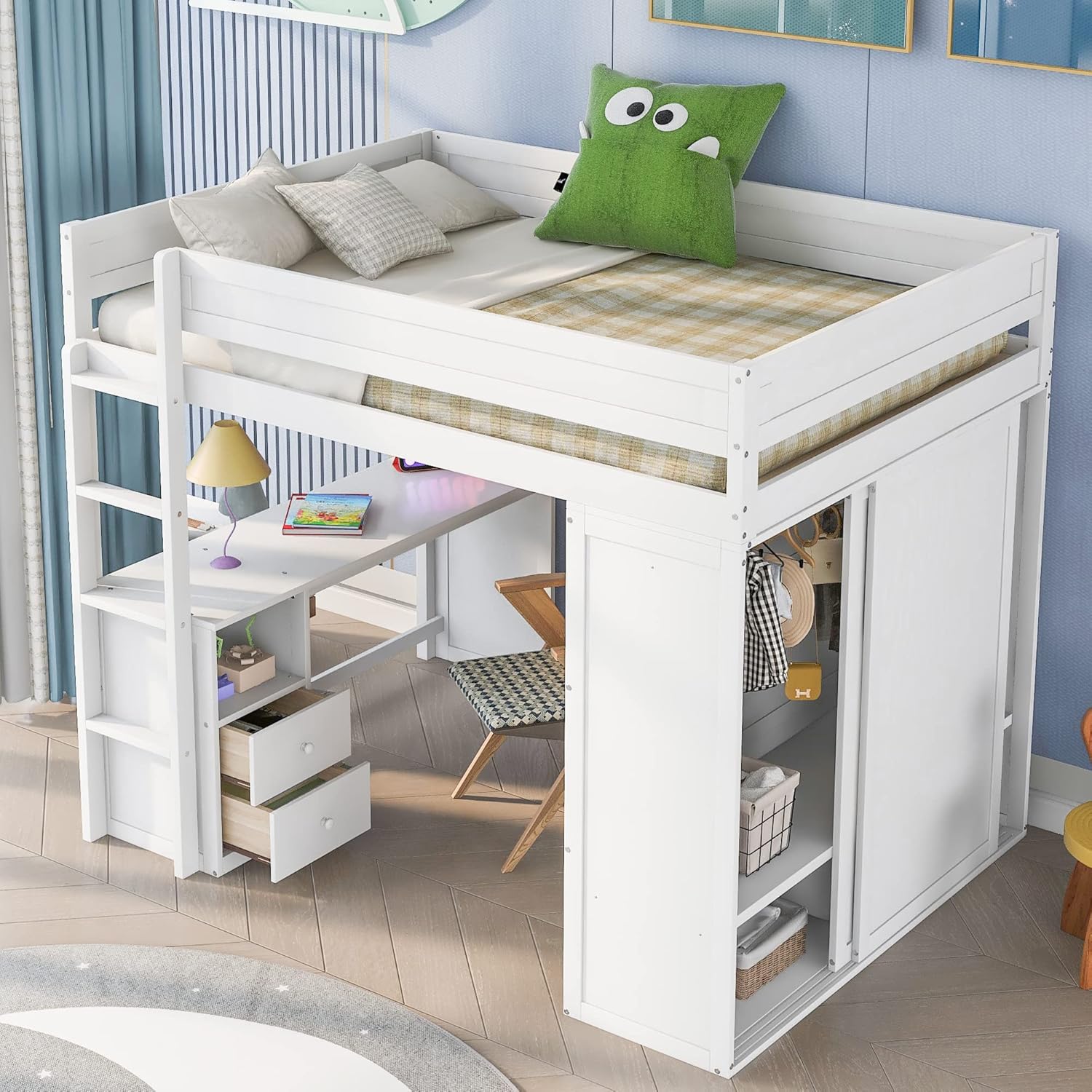 Harper & Bright Designs Full Loft Bed with Wardrobe and Desk, Wood Size with Storage Drawers and Cabinet for Girls Boys Teens,No Box Spring Needed