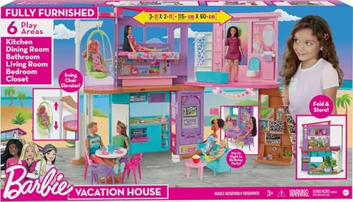 Barbie Vacation House, 2-Storey Fully-Furnished Barbie House with 6 Play Areas, Swing Chair Elevator, 30 Accessories, Fold and Store