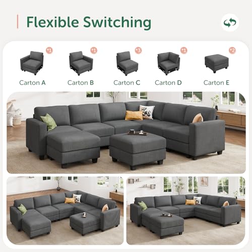 HONBAY Corduroy Modular Sectional Couch with Storage L-Shaped Sectional Couches for Living Room 6 Seater Modular Sofa, Dark Gray