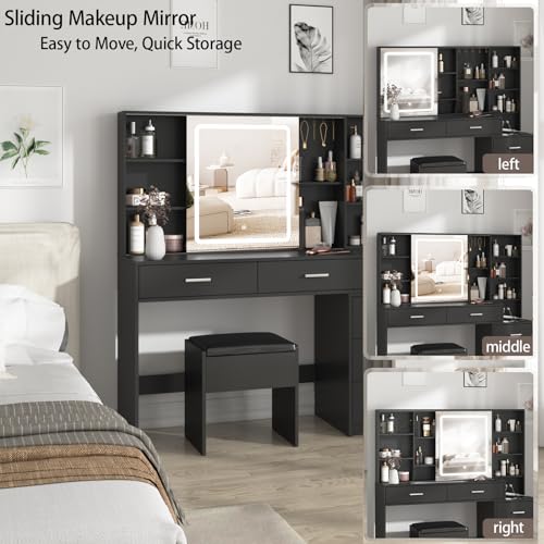 Fameill Vanity Desk with Mirror and Lights, Makeup Vanity with 5 Drawers, Makeup Desk with Charging Station and Ample Storage