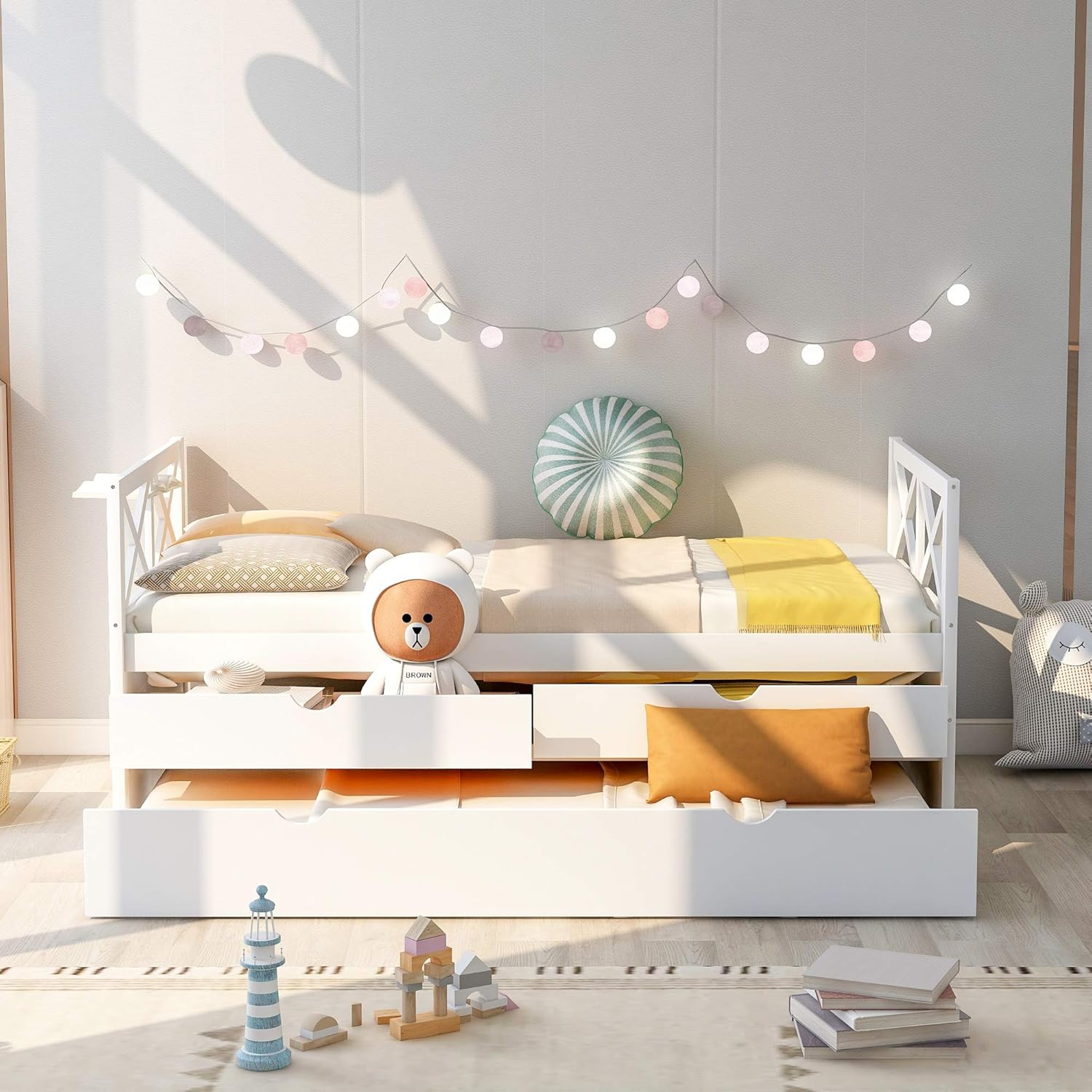 Twin Captain's Bed, Twin Daybed with Trundle and 2 Storage Drawers, Wood Twin Platform Bed Frame with Headboard and Footboard for Kids Teens Adults