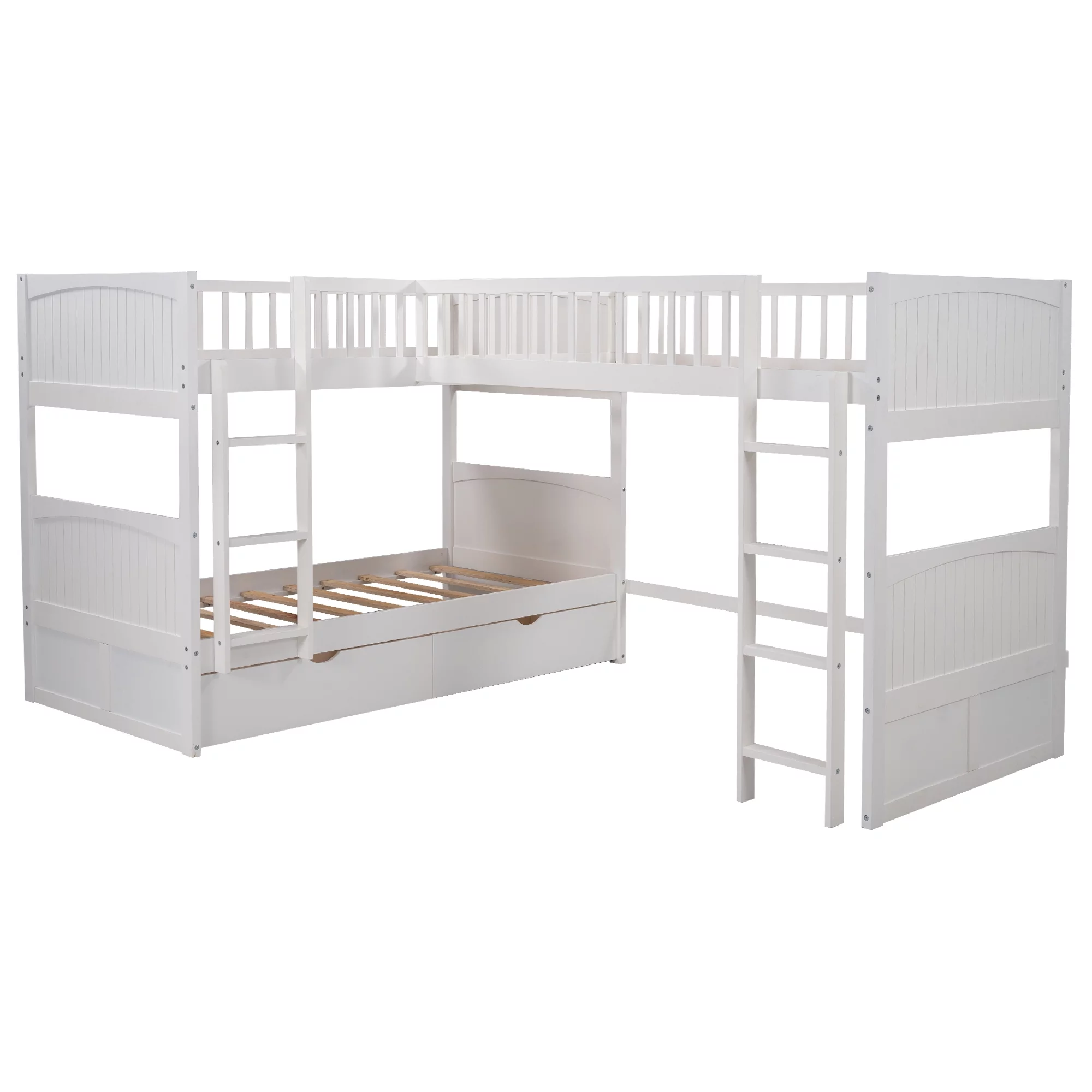 Euroco Twin Size L-Shaped Wood Triple Bunk Bed with Drawers for Kid's Bedroom, White