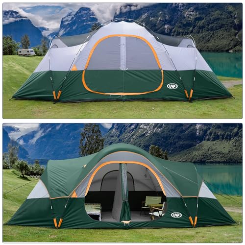 UNP Camping Tent 10-Person-Family Tents, Parties, Music Festival Tent, Big, Easy Up, 5 Large Mesh Windows, Double Layer, 2 Room, Waterproof