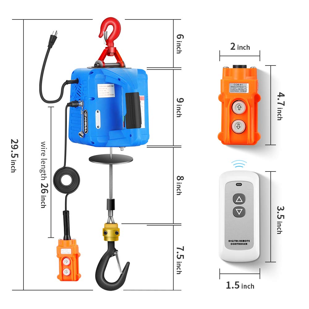 ANBULL Upgraded 3 in 1 Electric Hoist Winch 1100LBS, 1500W 110V Electric Winch with Wired and Wireless Remote Control, 25ft Lifting Height