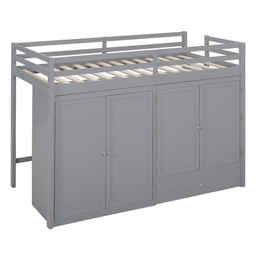 Harper & Bright Designs Twin Size Loft Bed with L-Shaped Desk and Stairs, Solid Wood Loft Bed Frame with Storage Drawers and Bookcase