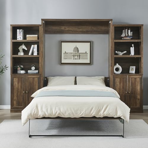 Full Size Murphy Bed with 2 Convertible Side Cabinet Storage Shelf &Charging Station, Foldable Platform Wall Bed Space Saving Bed Frame