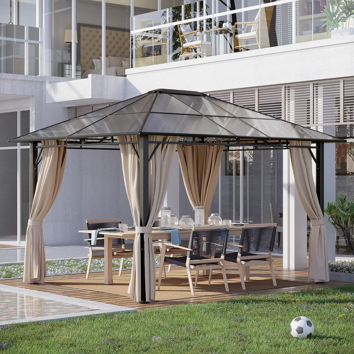 Outsunny 10' x 12' Hardtop Gazebo Canopy with Polycarbonate Roof, Aluminum Frame, Permanent Pavilion Outdoor Gazebo with Netting, for Patio, Garden