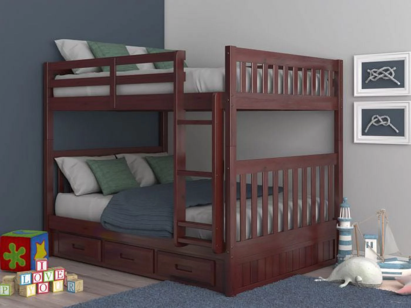 Discovery World Furniture - Full over Full Size Ladder Bunk Bed with 3 Drawers, Bunk Bed with Storage, Merlot