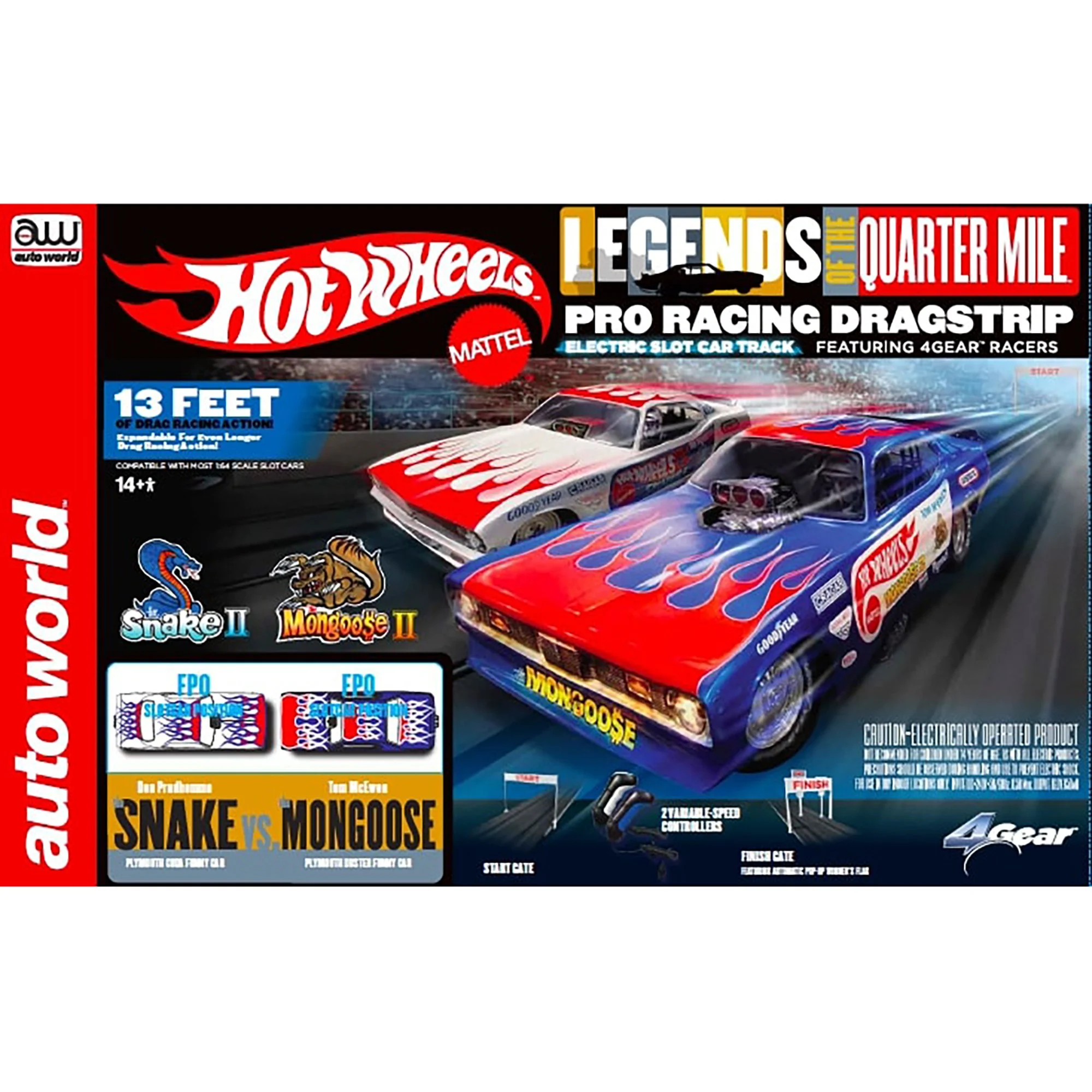 Auto World: Hot Wheels Slot Car Drag Racing Set - Snake II Vs Mongoose II - 13' Dragstrip Set, 2 Variable Speed Funny Cars, Electric Slot Car Track