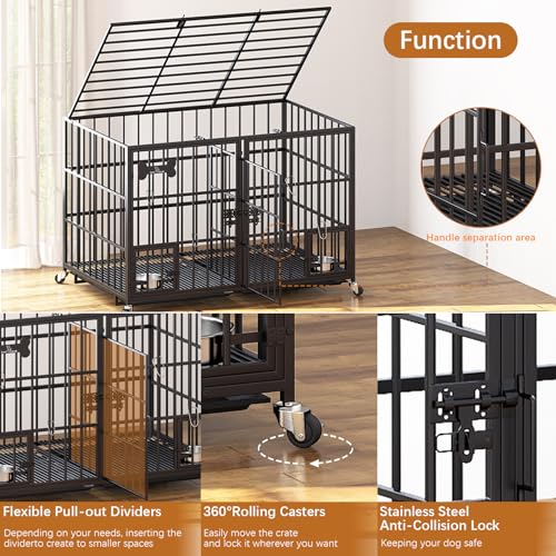 aboxoo 42/48 inch Heavy Duty Metal Dog Crate for 2 Dogs/Large Dog,All Metal Open Top,Dog Kennel Indoor with Wheels,Floor Grid, Tray