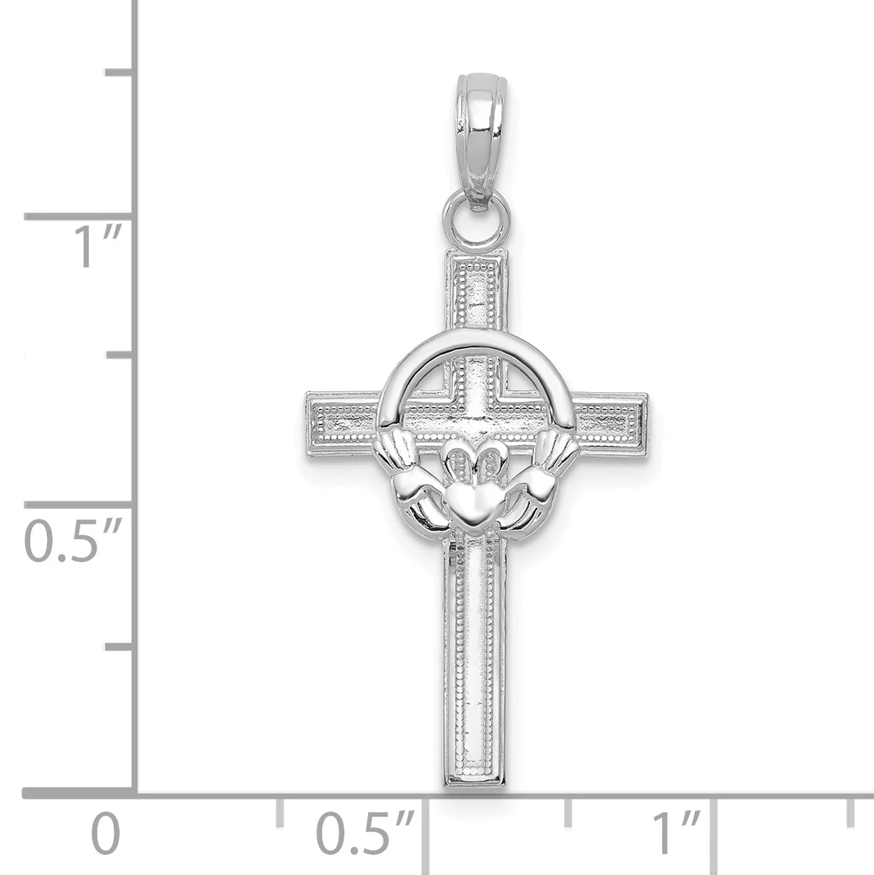 Carat In Karats 10K White Gold Rhodium Plated Polished Claddagh Cross Pendant Charm (29mm x 26mm)