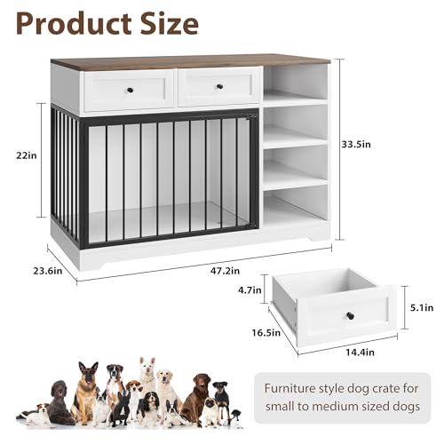 IDEALHOUSE 47” Large Dog Crate, Dog Kennel Indoor with 2 Drawers and 4 Shelves, Dog Crate Furniture TV Stand, Wooden Dog Cage for Medium Large Dogs