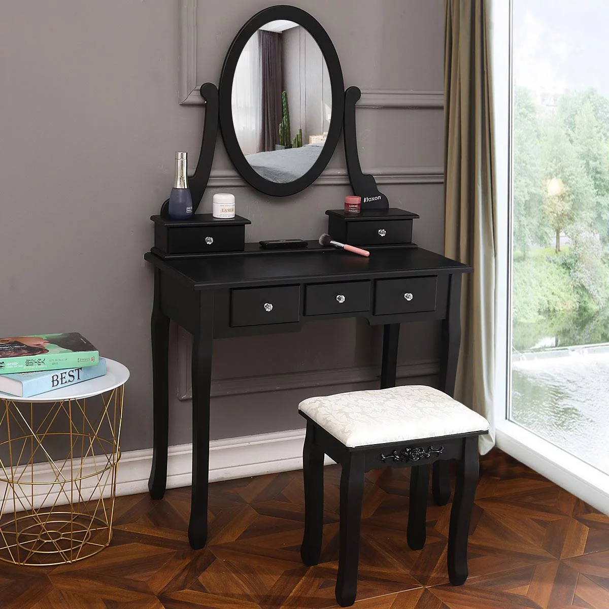 Ktaxon Vanity Makeup Dressing Table Set W/Stool, Black