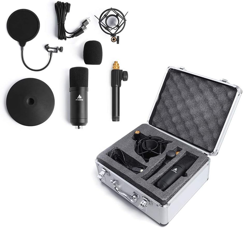 USB Microphone Kit 192KHZ/24BIT with Aluminum Organizer Storage Case MAONO PC Condenser Podcast Streaming Cardioid Mic Plug & Play for Computer