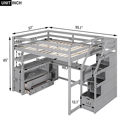 Harper & Bright Designs Twin Over Twin Bunk Bed with Stairs and Trundle, Solid Wood Stairway Bunk Bed Frame with Storage