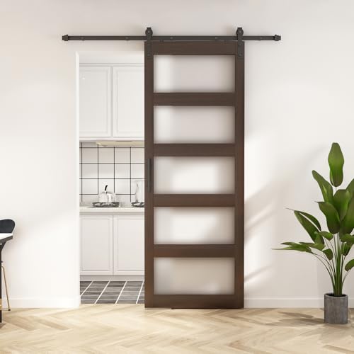 BARNSMITH 42in x 84in Glass Barn Door with 7FT Sliding Door Hardware Kit Included & Handle