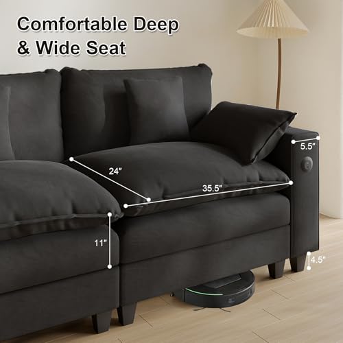 Modular Sectional Sofa, Cloud Couch with Ottoman, Charging Station, Throw Pillows, Cup Holders, Modern Convertible U Shaped Couches for Living Room
