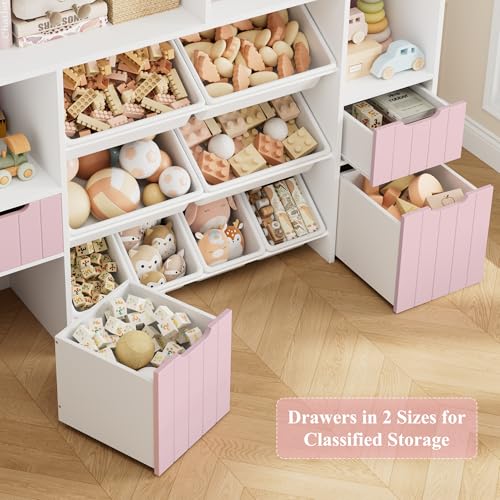 HORSTORS 55" W Toy Storage Organizer with Drawers, Large Kids Toy Storage Box with Removable Bins