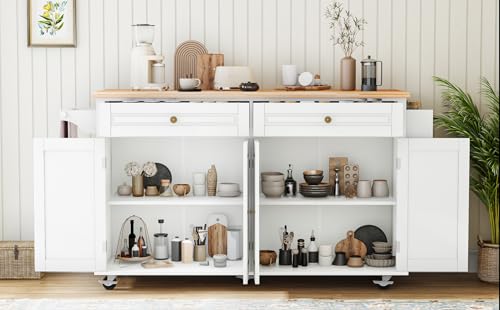 67’’ Movable Kitchen Island with Drop Leaf and Power Outlet, Lockable Sliding Countertop Rolling Island Cart with 2 Large Drawers, Spice, Towel Rack