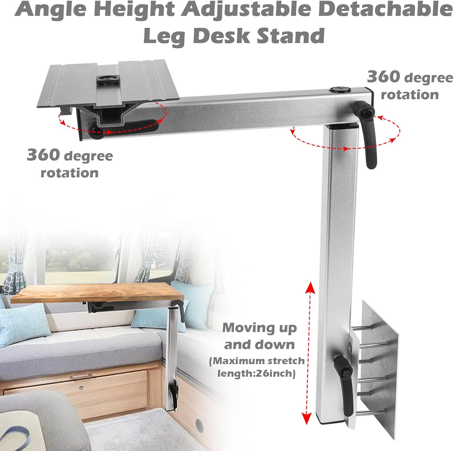 WWahuayuan RV Table Leg Base Mount Removable Table Leg RV Accessories 360° Rotation Desk Leg Aluminum Alloy Adjustable Table Leg Bracket for Caravan