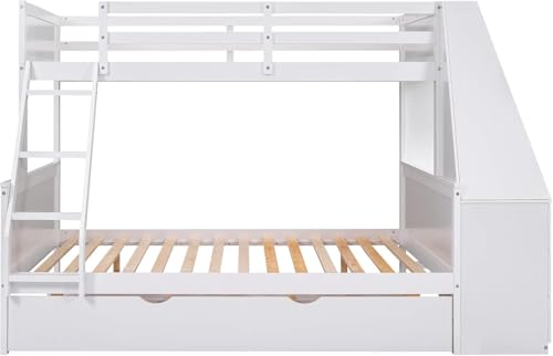 Twin Over Full Bunk Bed with Desk and Trundle, Wooden Bunk Beds Twin over Full Size with Storage Drawers and Shelf
