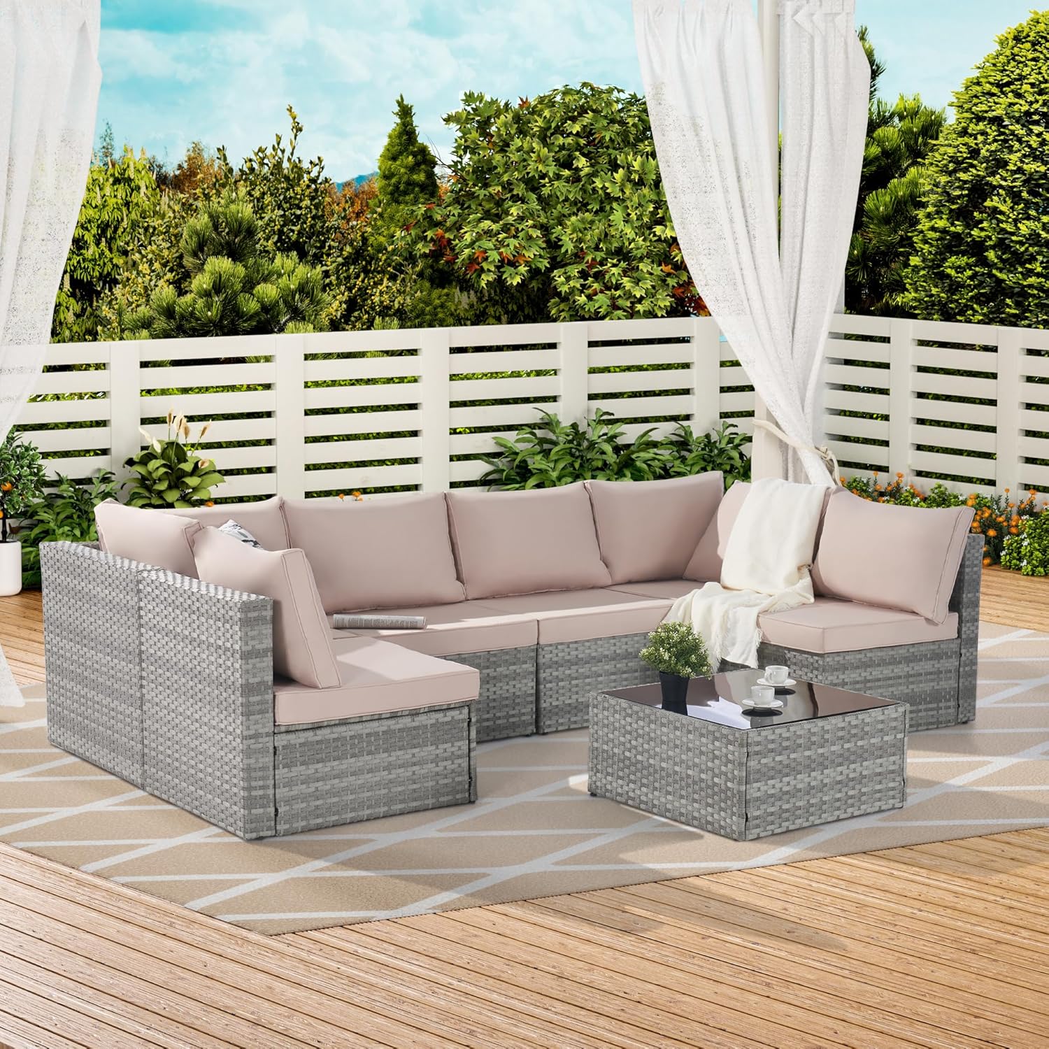 7 Piece Patio Furniture Outdoor Conversation Set, All-Weather PE Rattan Wicker Sectional Sofa w/Coffee Table & Thickness Cushion for Deck, Porch