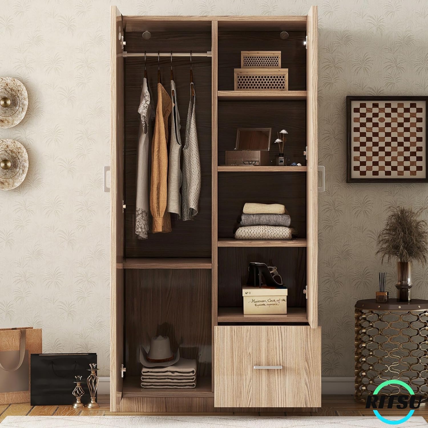 RITSU Armoire Wardrobe 2 Doors, Freestanding Clothes Cabinet w/ 1 Drawer, 5 Open Shelves and Hanging Rod
