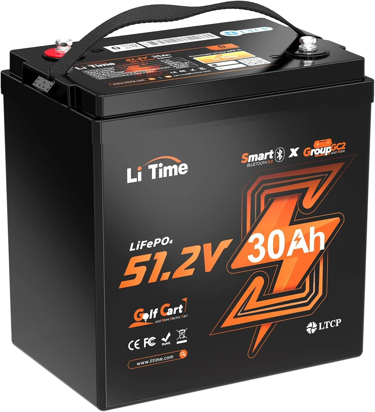 LiTime 48V 30Ah GC2 Golf Cart LiFePO4 Lithium Battery with Bluetooth & Low-Temp Protection, 100A BMS, Max. 15000 Cycles, Max. 5.12kW Power