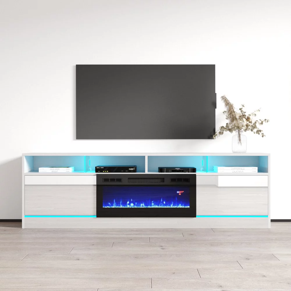 Disparo BL-05 Fireplace TV Stand for TVs up to 90", Modern High Gloss 79" Entertainment Center