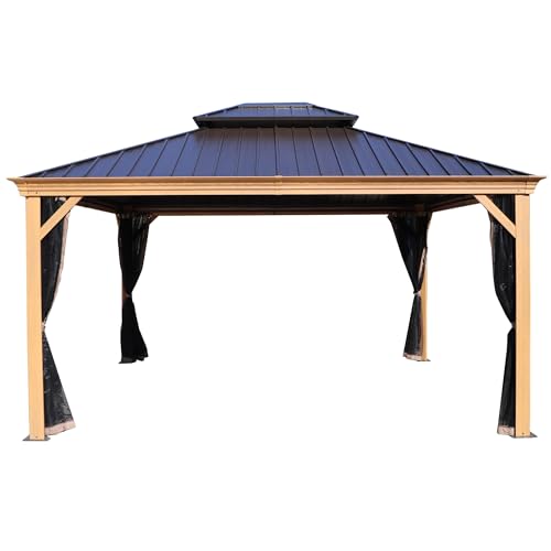 Kozyard Apollo 10’x12’ Hardtop Gazebo, Wooden Coated Aluminum Frame Canopy with Galvanized Steel Double Roof