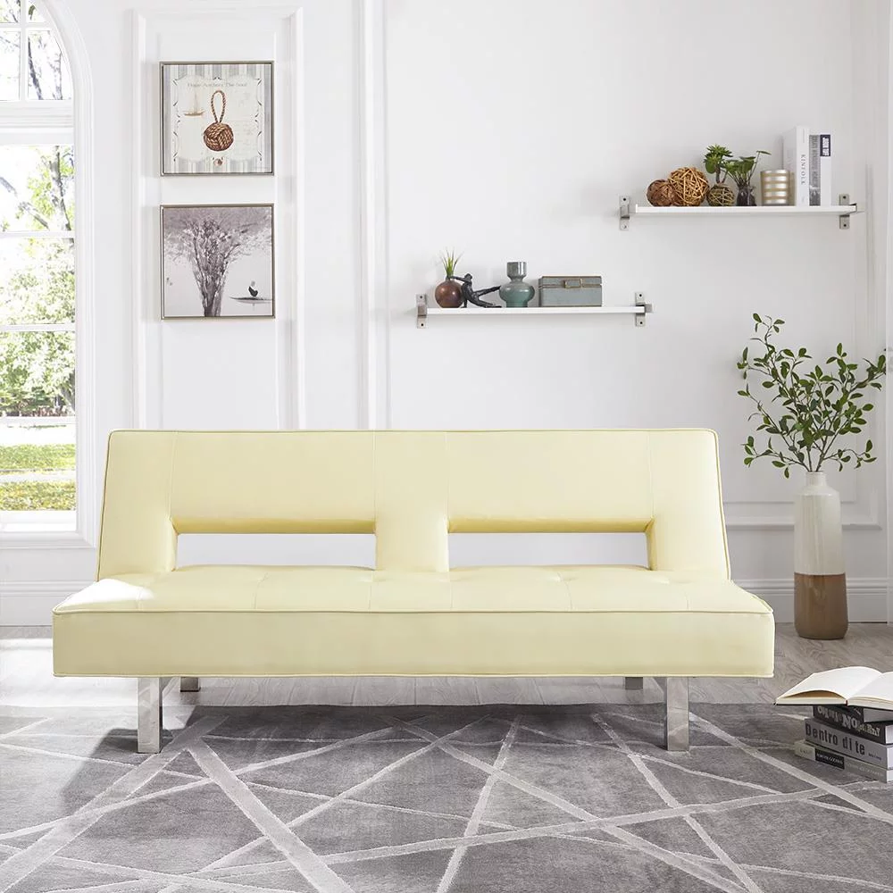 Modern Convertible Futon Sofa Bed with Chrome Metal Legs, European Style Reclining Futon Sofa, Faux Leather, Cream