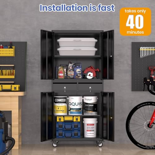 Garvee Metal Storage Cabinet, 73 Inch Garage Storage with Locking Doors and Adjustable Shelves, Heavy Duty Tool Cabinet with 2 Drawers