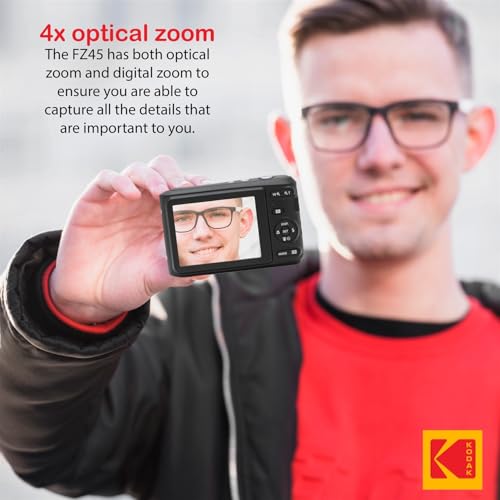 KODAK PIXPRO FZ45 16MP Digital Camera with 4X Optical Zoom 27mm Wide Angle and 2.7" LCD Screen Bundle with 32GB SD Memory Card, AA Batteries (4 Pack)