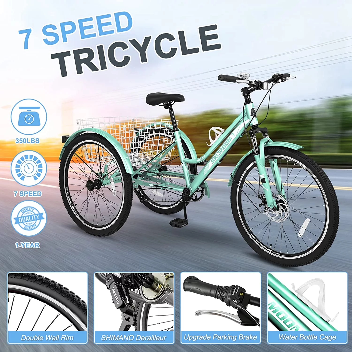 ABORON Adult Mountain Tricycle, 7 Speed Three Wheel Bike, 24/26/27.5 Inch Adults Trikes for Seniors with Shopping Basket